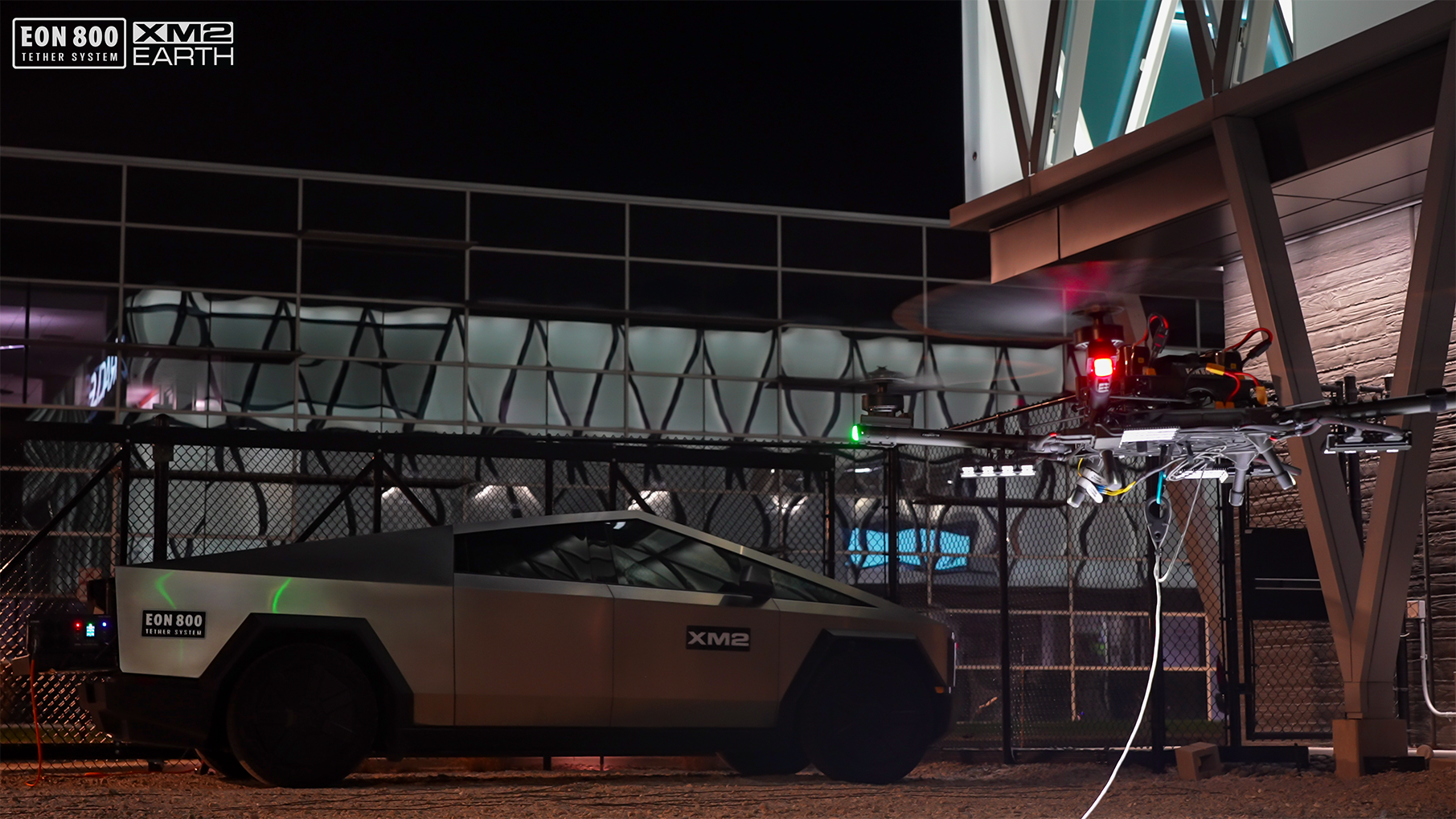 Tesla Cyber Truck powering Freefly Systems Flying Sun Alta X via EON800 Tether System